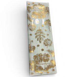 Gay Fad Platter Gilt Leaf & Acorn Bent Glass Long  Rectangular Dish Vanity Tray